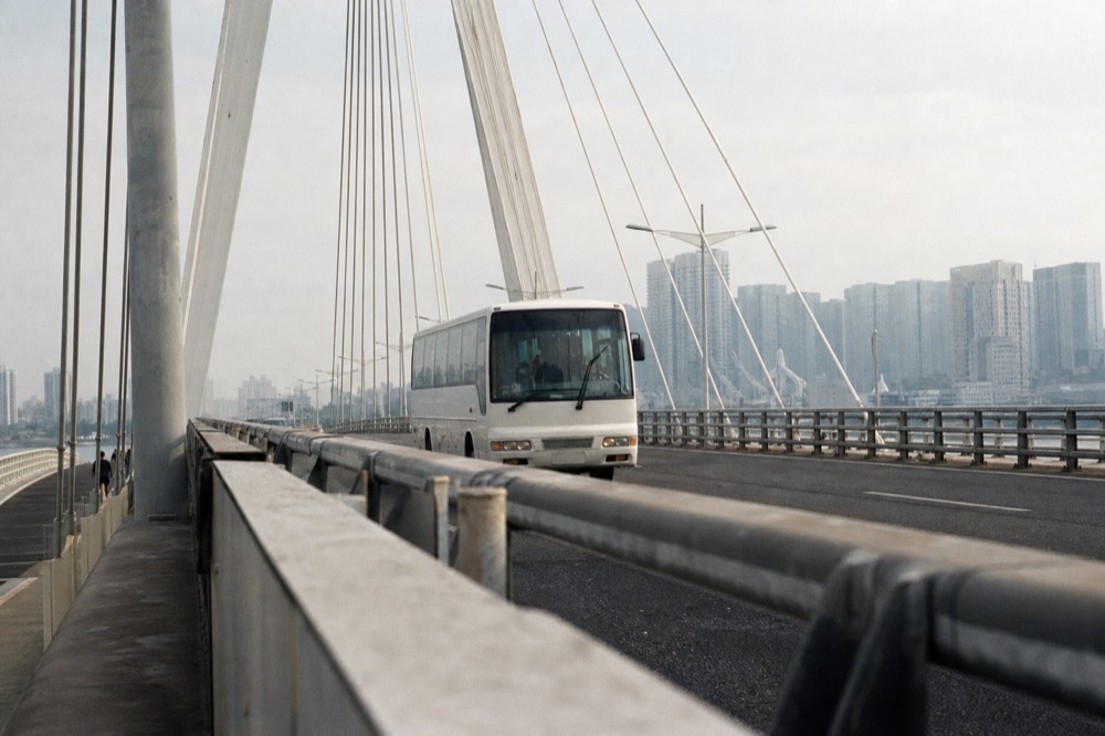 A shuttle bus crossing the Hong Kong-Zhuhai-Macau Bridge