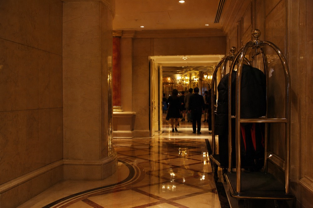 Theatre lobby entrance with warm lighting before an evening performance