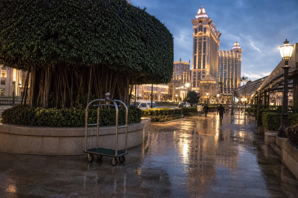 Evening view across Cotai resort towers and illuminated promenade