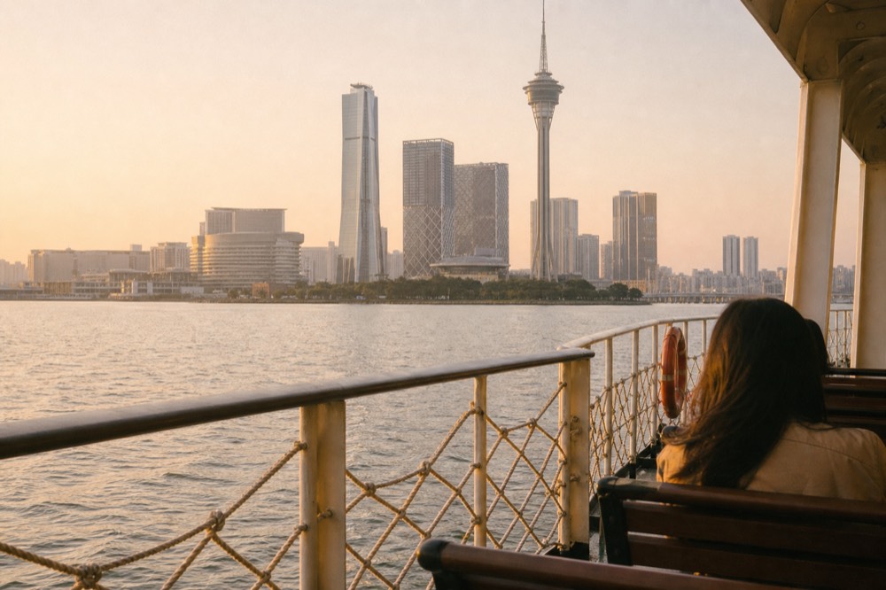 Macau skyline across the water from a ferry deck