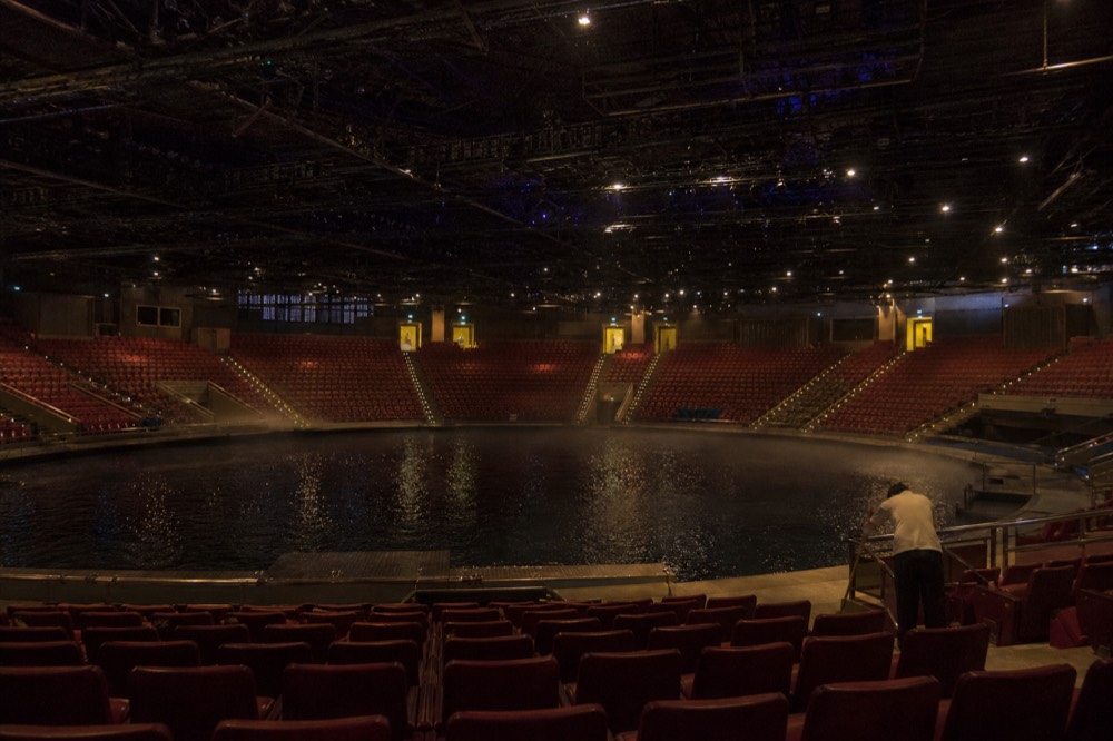 Auditorium seating of the Dancing Water Theatre in Macau before a performance