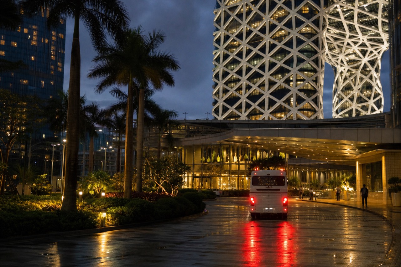 Exterior of the City of Dreams resort in Cotai Macau at dusk